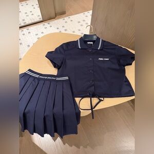 Miu Miu rope-stitched lettered shirt + pleated skirt set